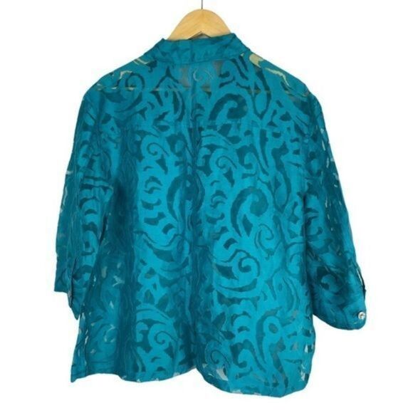 Choices Sheer Linen Blend Top 3/4 Length Sleeves Button Front XL Teal Green Blue - Picture 3 of 6